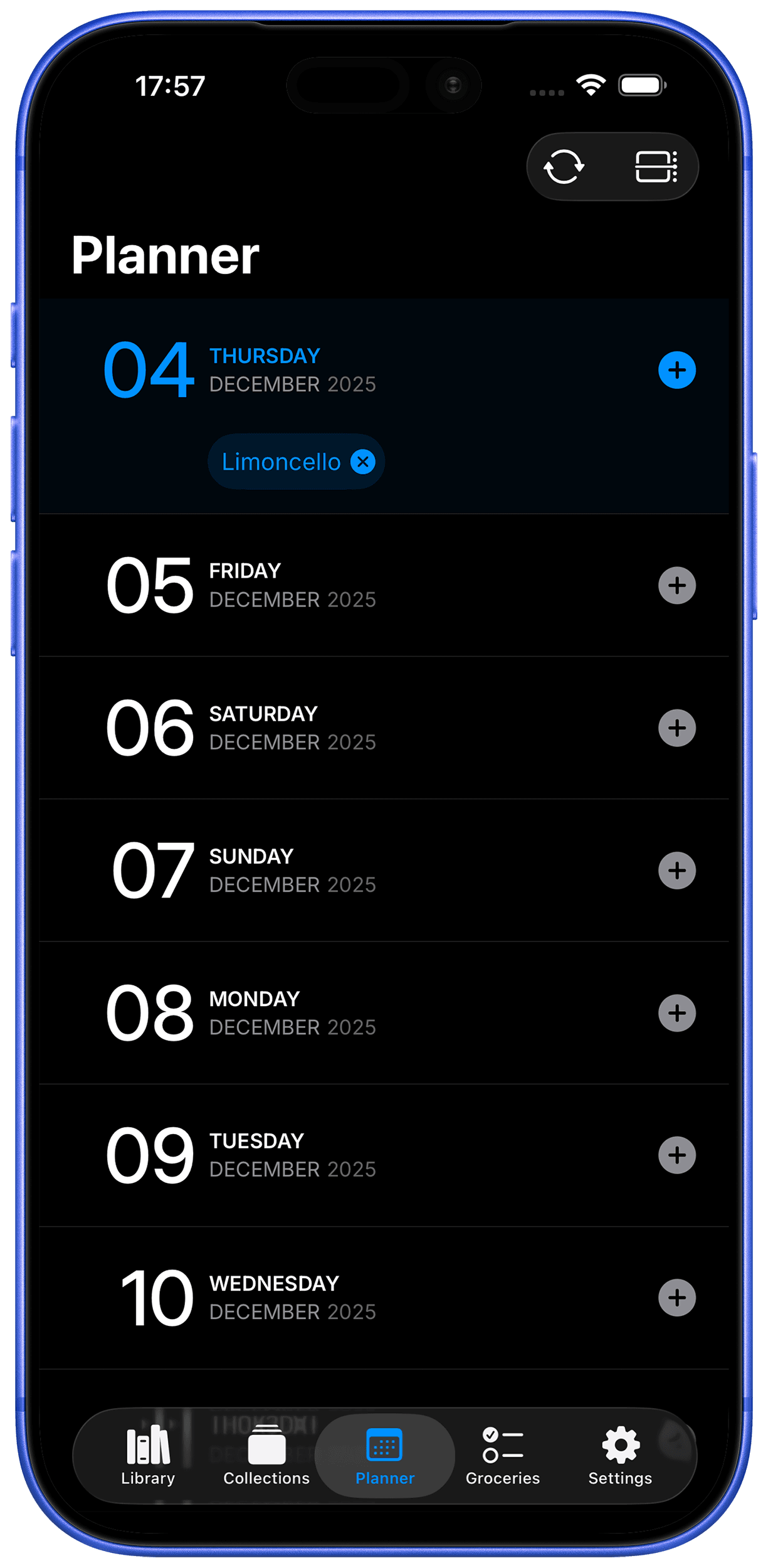 Meal planning calendar interface