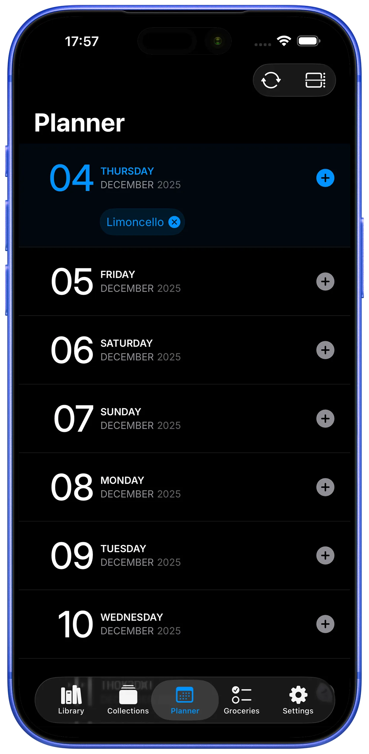 Meal planning calendar interface