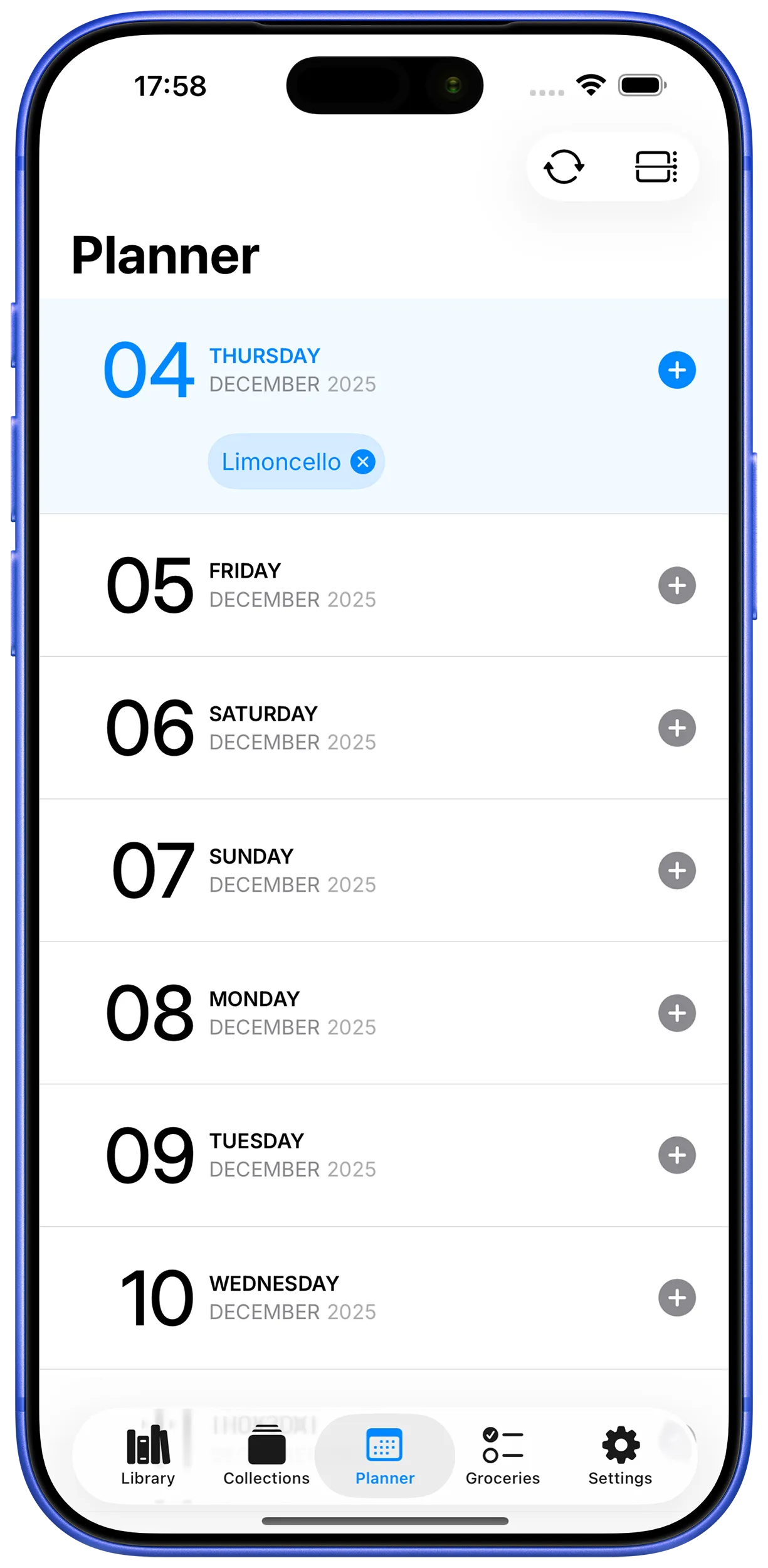 Meal planning calendar interface
